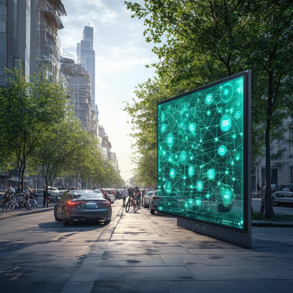 The image depicts a bustling urban street filled with vehicles and pedestrians, showcasing a vibrant city environment